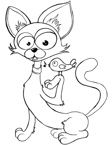 Cat And Singing Bird Coloring Page